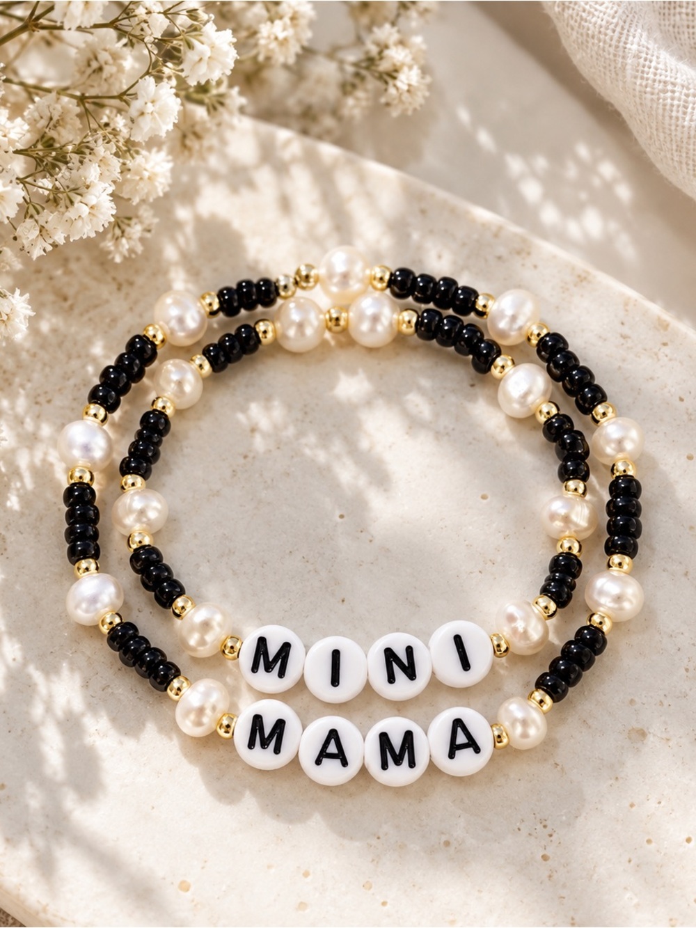 Handmade Mama Mini Black Pearl Beaded Bracelet Set Matching Mommy and Me